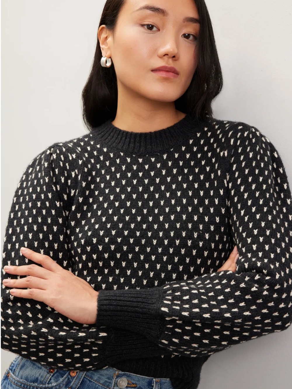 Marine Layer Black Crewneck Sweater with Cream Dot Pattern